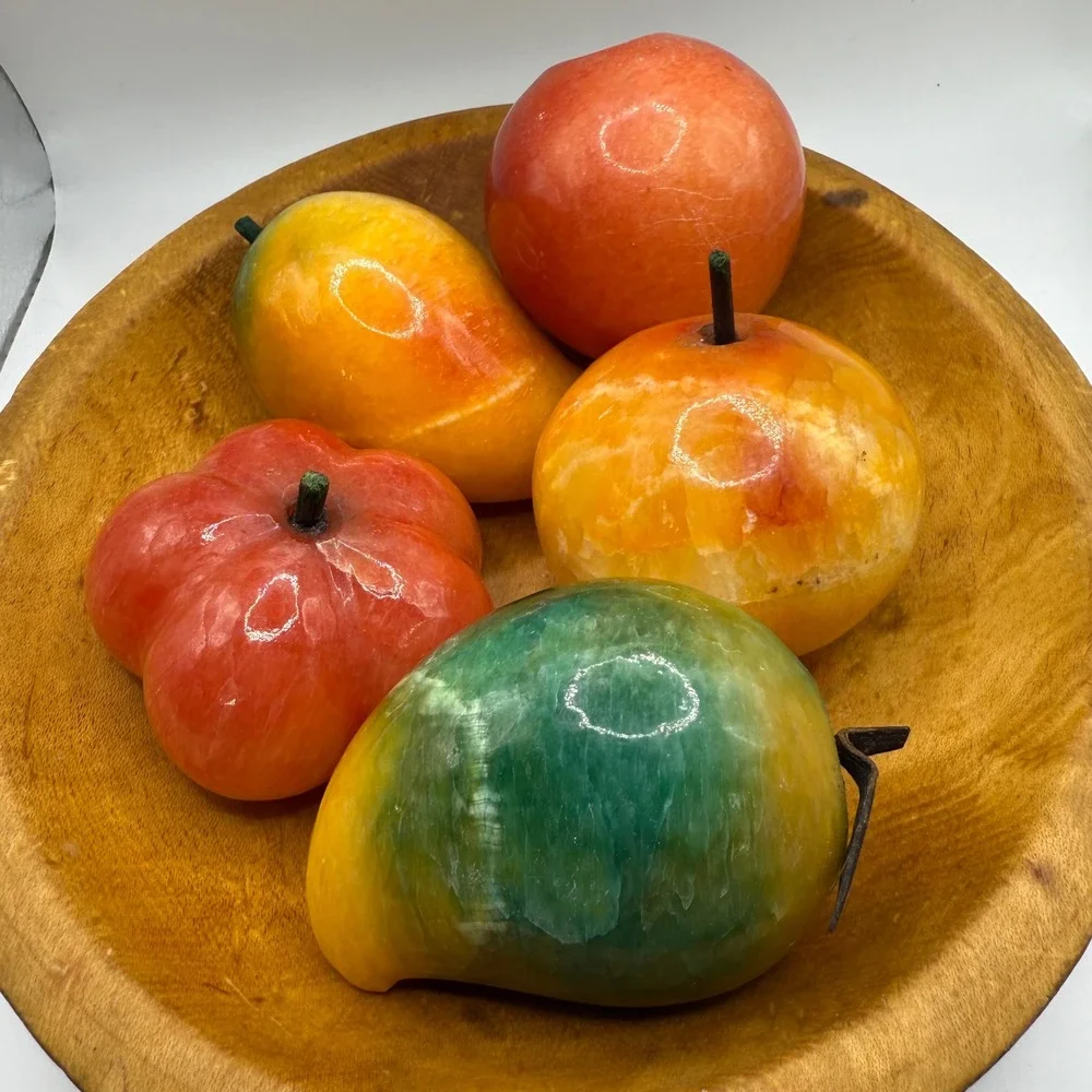 Wooden Dough Bowl with Alabaster Stone Fruit Still Life Farmhouse‎ Decor